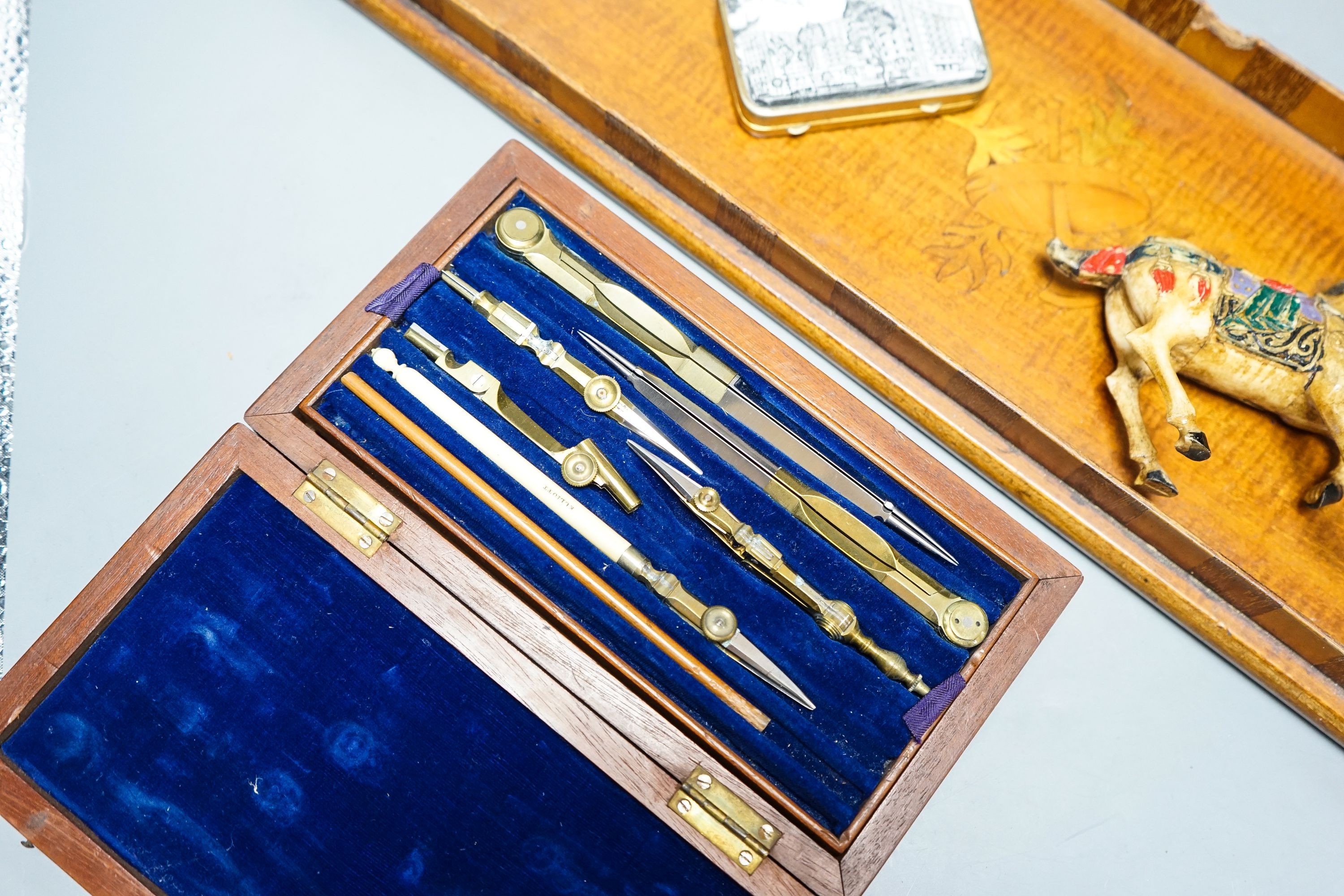 A Victorian bronze school bell, a tray and sundry items